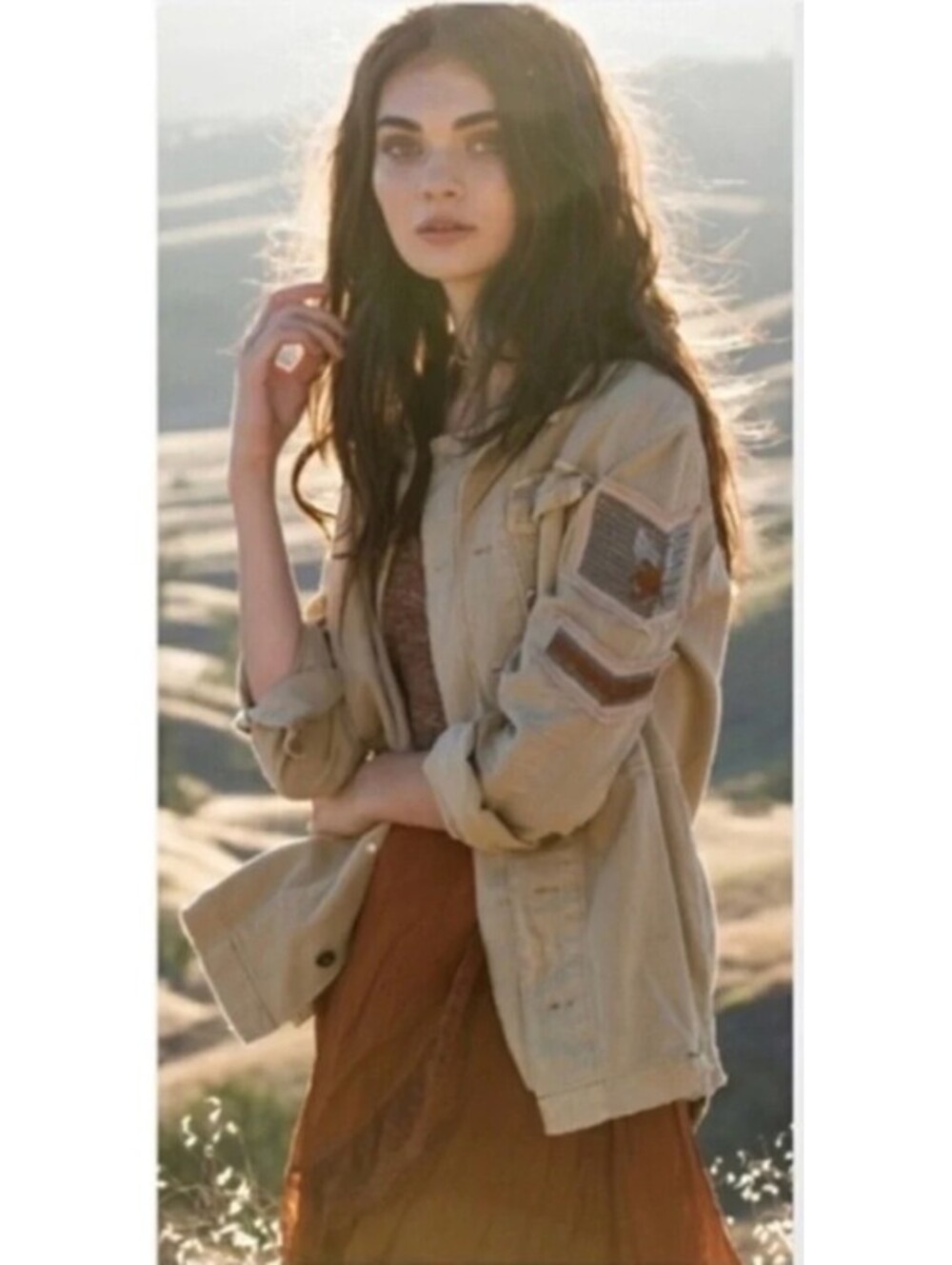 Free People Khaki Embellished Military Jacket Size Large
